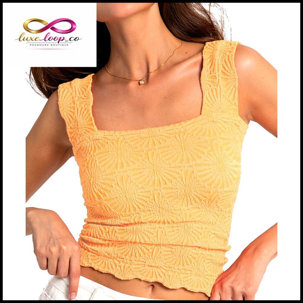Square Neck Crop Tank Top With Floral Embroidery, Slim Fit, Stretchy Material